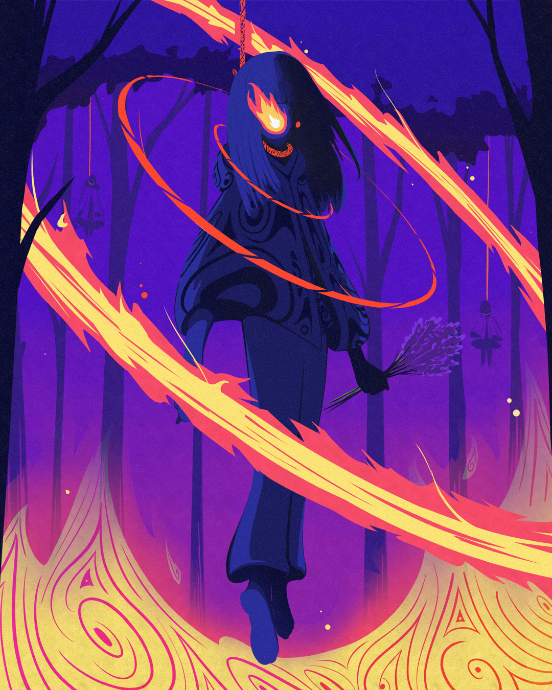 A stylized illustration of a girl with long dark hair in a dark forest at night, surrounded by swirling fiery streaks and holding a small bundle of plants or flowers. The girl has a fiery glow over her eye and is wearing a patterned jacket and pants.