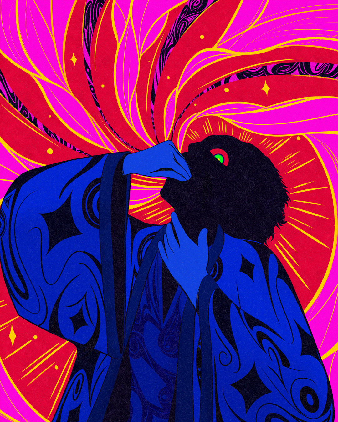 Abstract illustration of a figure with surreal colors, wearing a blue patterned robe, set against a psychedelic background of pink, red, and yellow swirling lines.