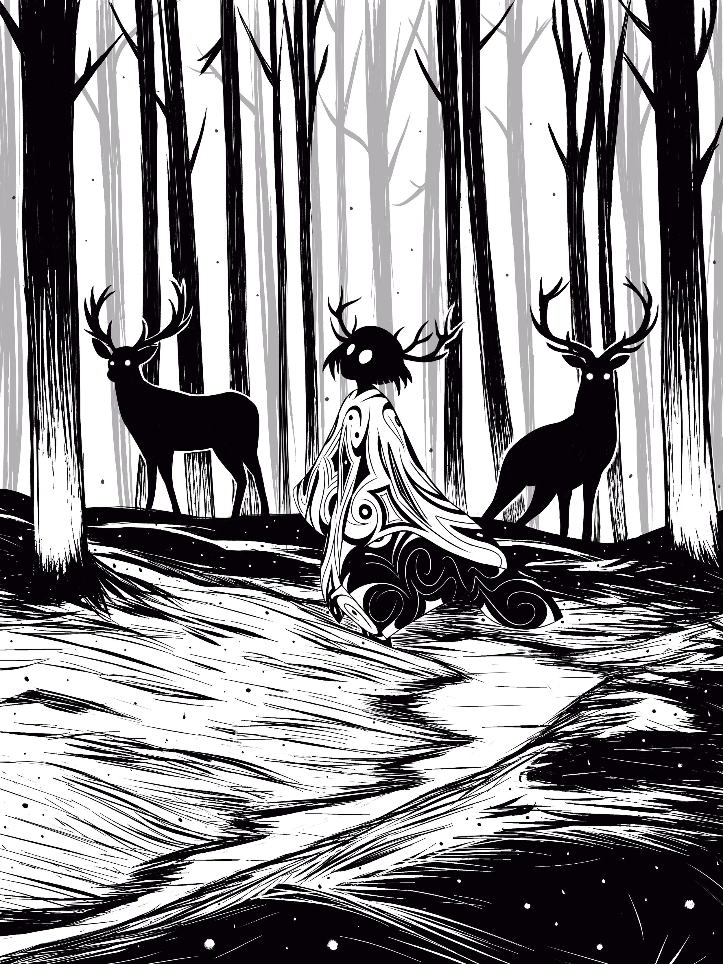 Black and white illustration of a forest scene with two dark, antlered deer and a mysterious figure with antlers and flowing robes. Tall, bare trees fill the background, creating a surreal atmosphere.