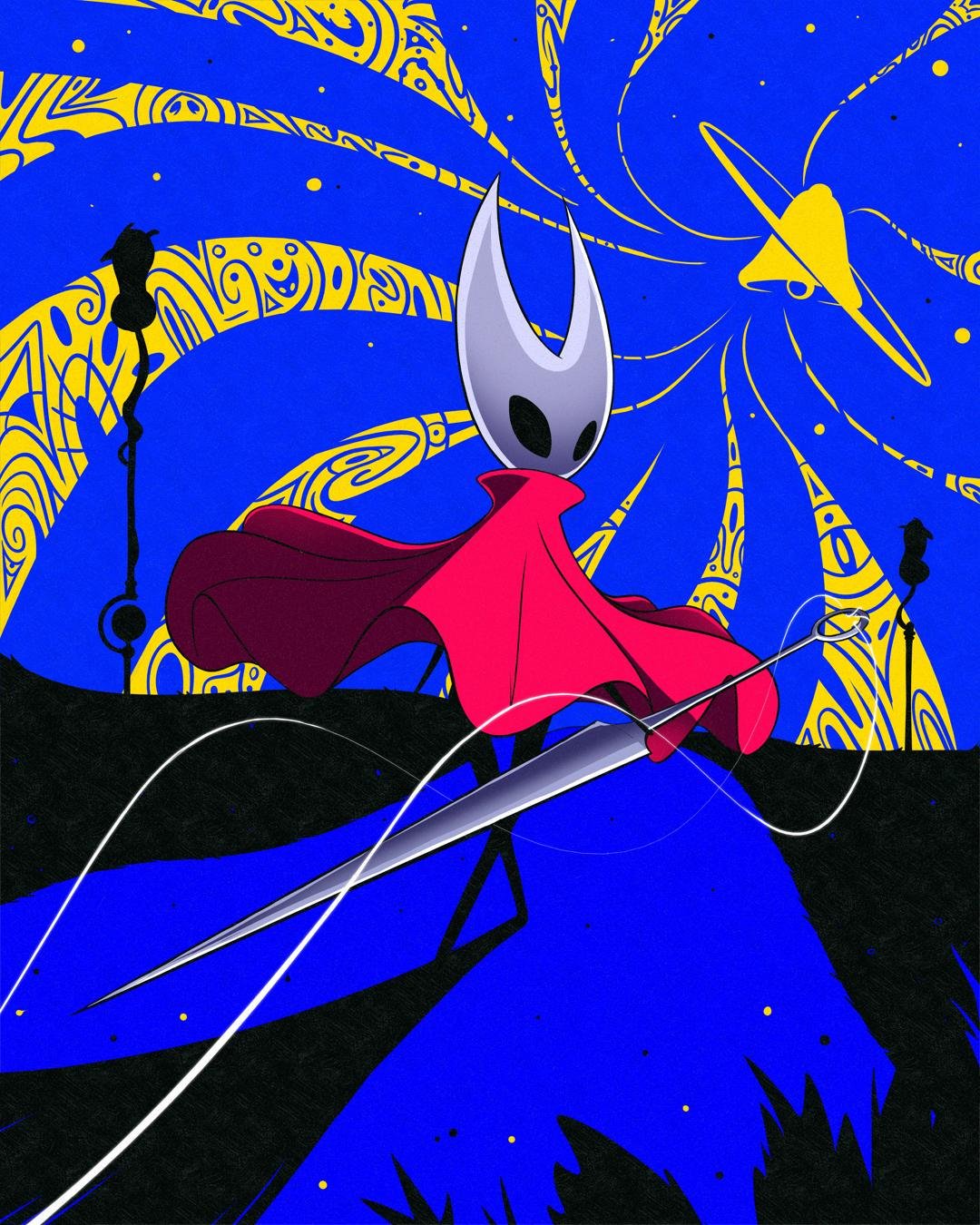 Stylized illustration of a character with a horned helmet and red cloak holding a sword, with a cosmic background featuring swirling yellow patterns and a yellow planet with rings.
