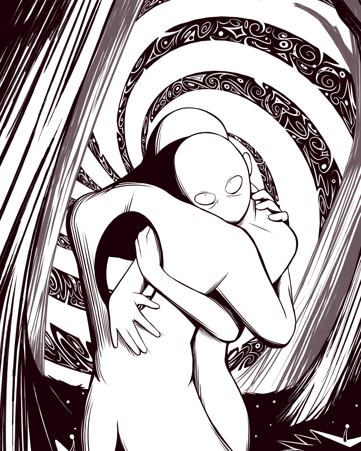 Abstract illustration of two figures embracing, surrounded by spiraling patterns and intricate designs.