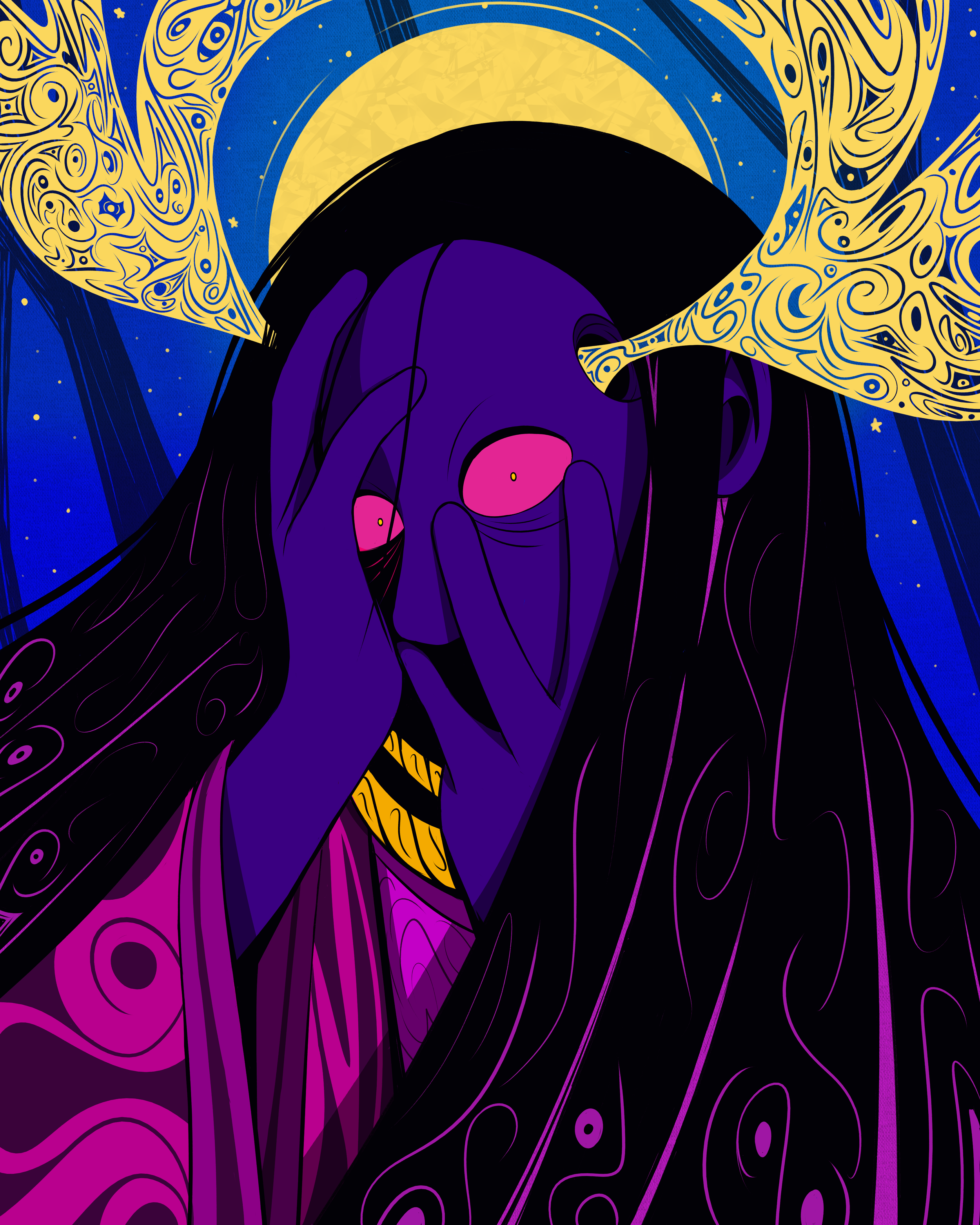 Surreal artwork of a purple-faced figure with red eyes, holding their face in distress. Golden, ornate patterns emerge from their head, set against a starry blue background with a glowing halo behind.
