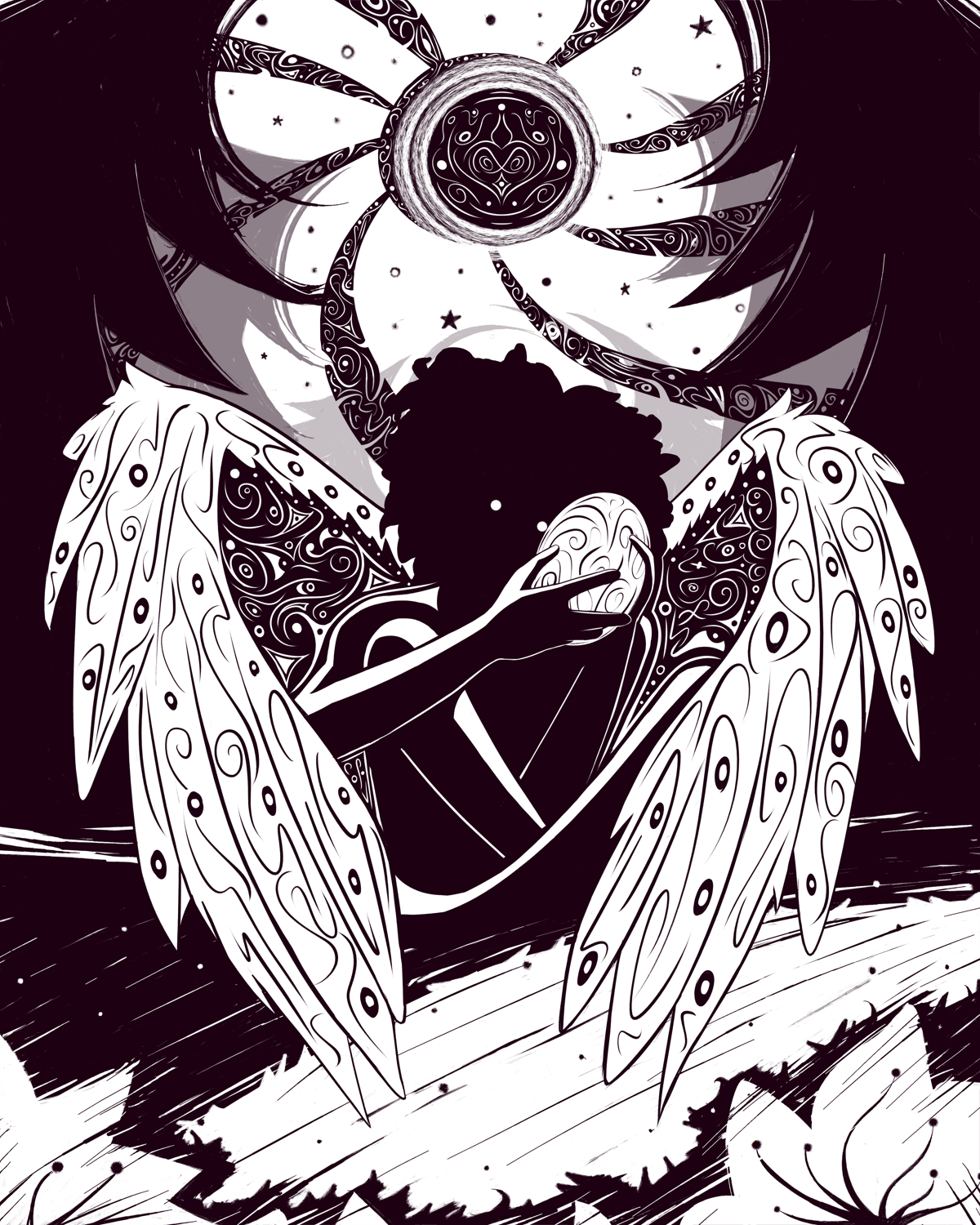Abstract black and white illustration of a winged figure holding an egg-like object, with intricate patterns and a celestial background featuring stars and a central motif resembling a sun or flower.