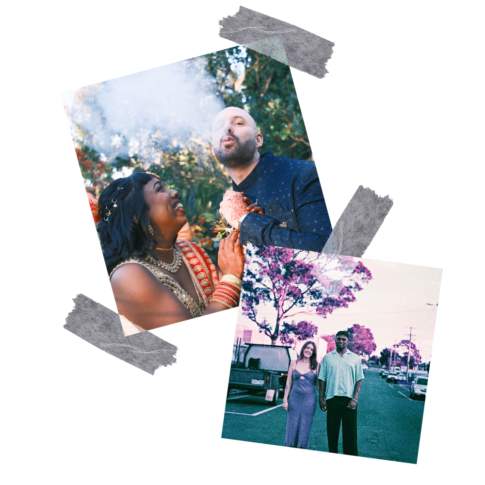 Collage of two photos: a bride in traditional saree laughing with a groom in a suit outdoors, and a couple holding hands walking in a street in Mornington.