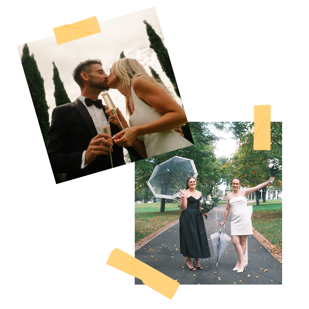 Collage of two photos. Two brides in wedding dresses, with one woman holding an umbrella and the other holding a bouquet. The other photo shows a bride and couple sharing a kiss while holding champagne glasses outdoors.