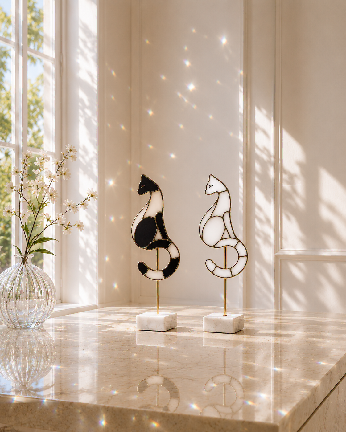 Noir and Angel stained glass cats from The Feline Collection by Marie ART Gallery, displayed together on marble bases in a sunlit interior with rainbow reflections.