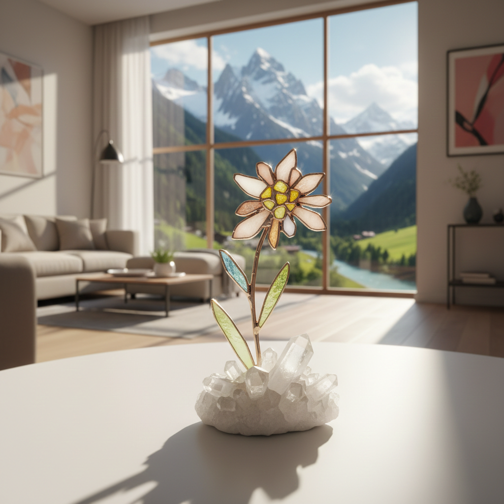 Marie ART Gallery — The Queen's Flower handmade stained glass mountain blossom artwork from The Botanical Collection, elegantly presented as an exclusive luxury gift for her.