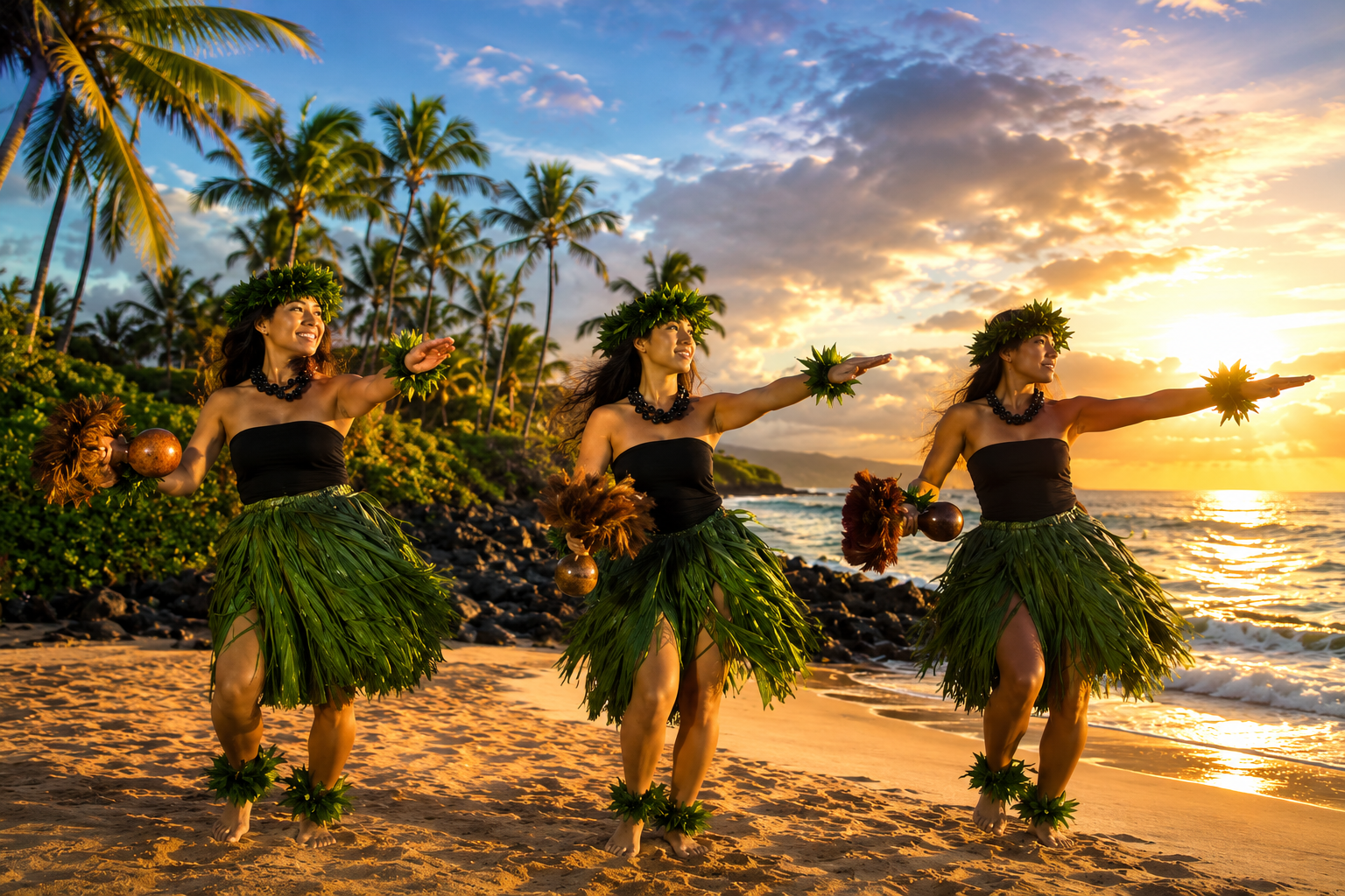 Hawaiian hula dancers performing a traditional dance on a tropical beach at sunset