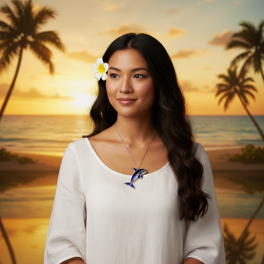 Handcrafted stained glass dolphin pendant inspired by the spirit of Aloha, worn against a Hawaiian sunset