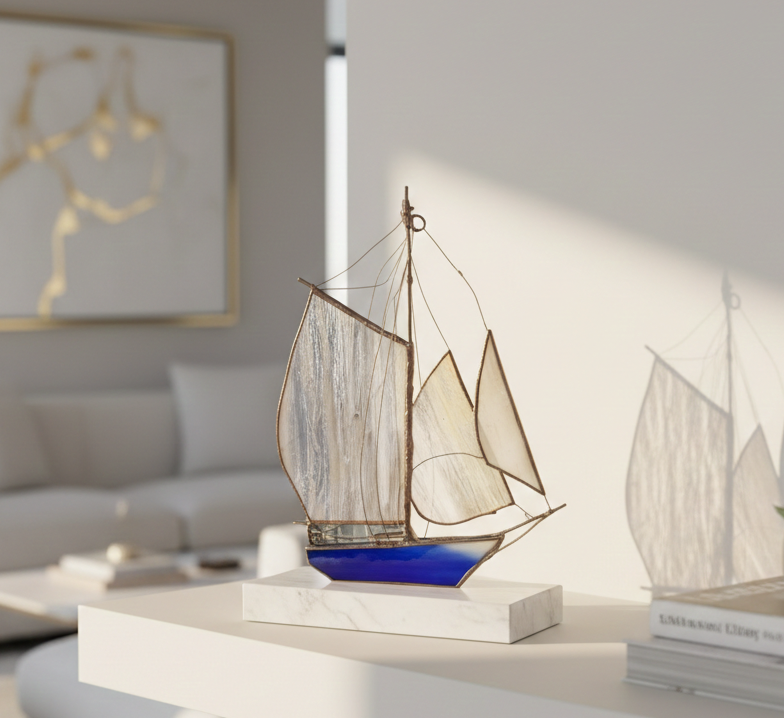 Marie ART Gallery — Blue Voyager handmade stained glass yacht artwork from the nautical collection, elegantly presented as an exclusive luxury gift for him.