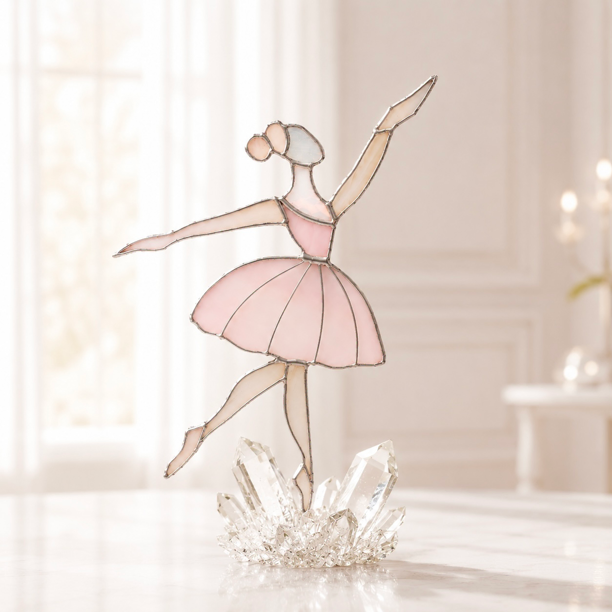 Exquisite Ballerina by Marie ART Gallery — A handcrafted Tiffany stained glass ballerina sculpture on a natural quartz crystal base, elegantly styled on a luxury white table.