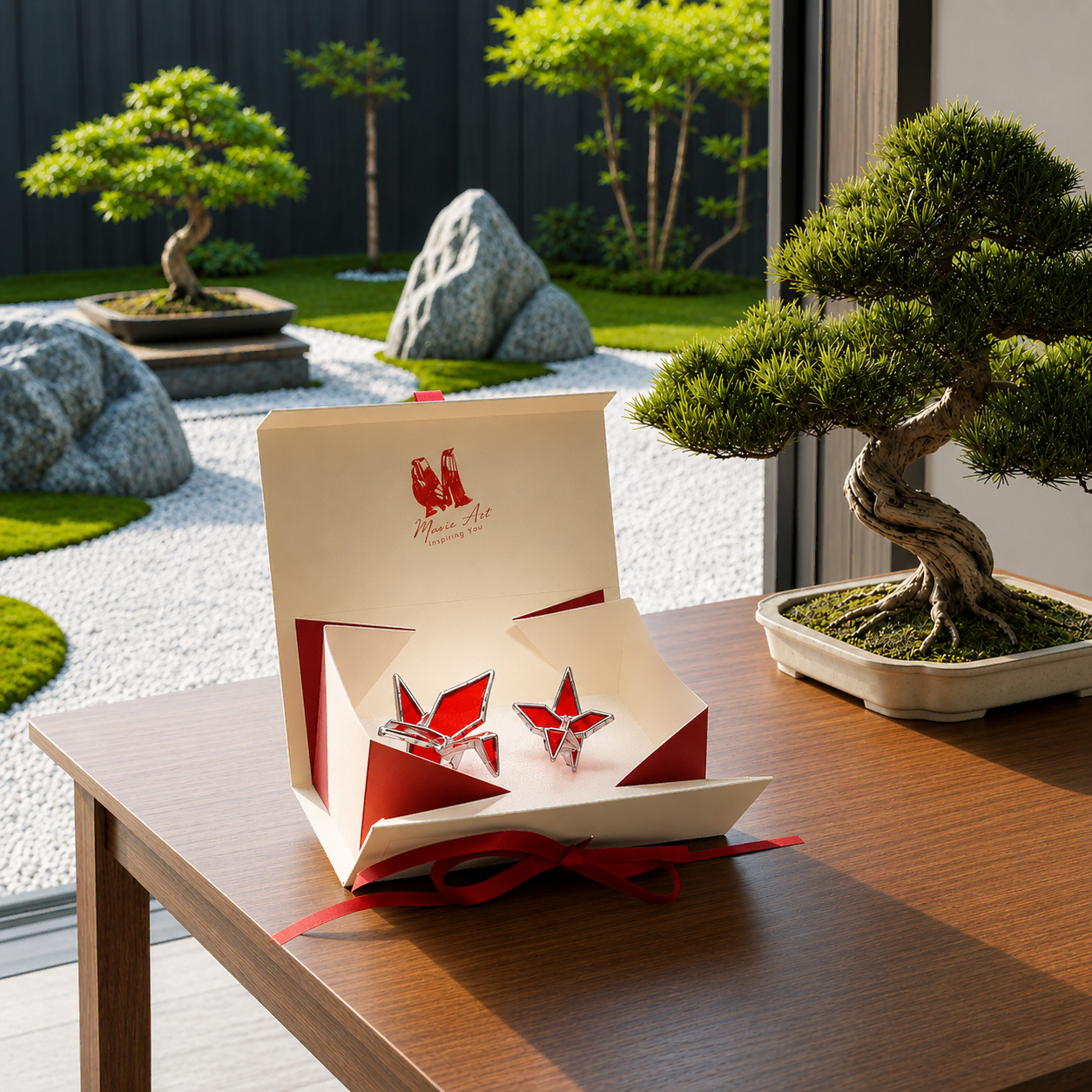 Origami Cranes stained glass pair by Marie ART Gallery, presented in a gift box on a wooden table overlooking a Japanese-inspired garden.