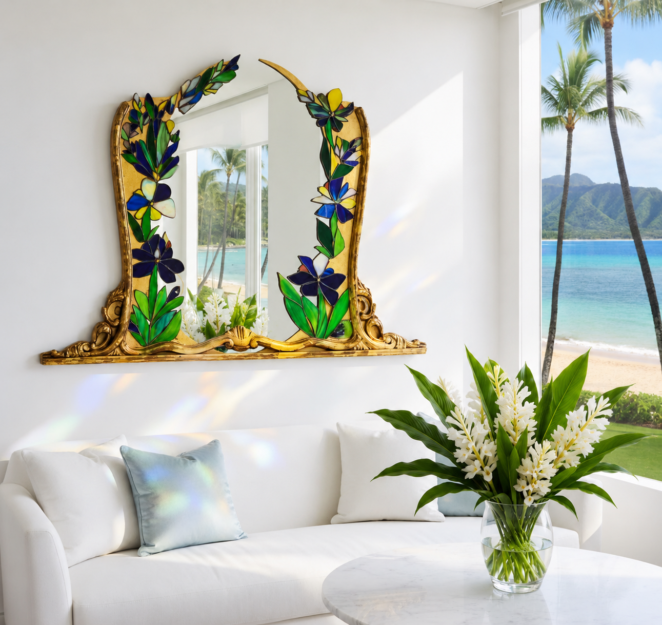 A living room with a white sofa, decorated with light-colored pillows, a glass vase with white flowers and green leaves on a round table, a large stained glass mirror with a floral design on a white wall, and a view of a beach with palm trees and mou