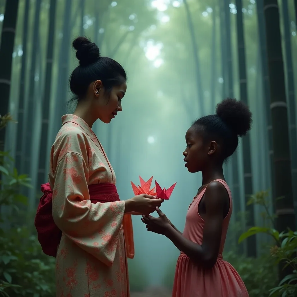 Cross-cultural exchange represented by a Japanese woman offering a paper crane to another woman