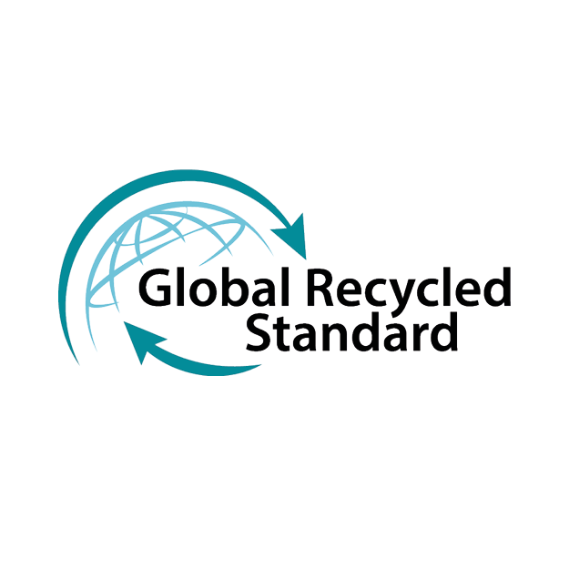 Logo with a globe and arrows surrounding the text 'Global Recycled Standard' indicating environmental sustainability and recycling standards.