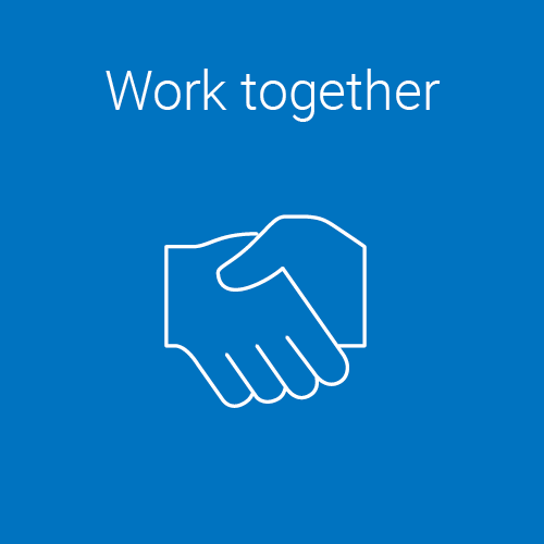 A blue background with white text that says 'Work together' and a simple white outline of two hands shaking.