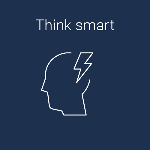 Illustration of a human head with a lightning bolt inside, above the text 'Think smart' on a dark blue background.