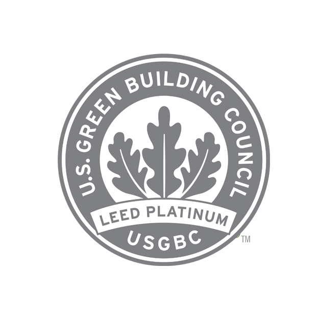 U.S. Green Building Council LEED Platinum badge with a leaf emblem in the center.