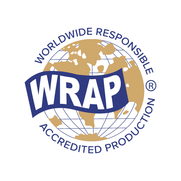 Logo featuring a globe with the words "WRAP" across it, and the phrases "Worldwide Responsible" and "Accredited Production" encircling the globe.