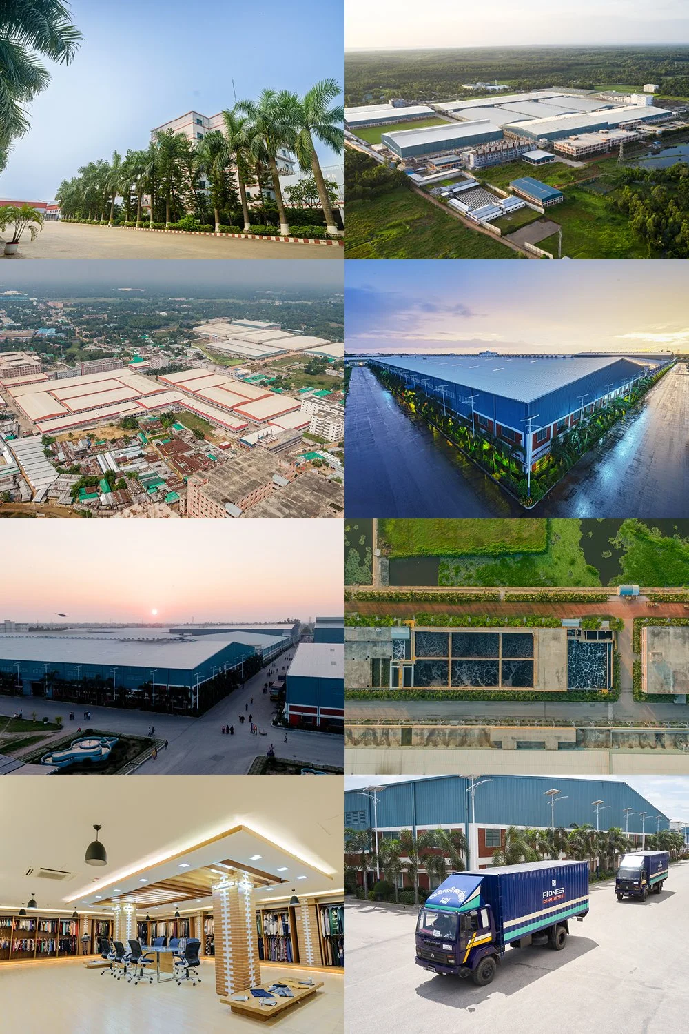 Multiple images of a large industrial complex, including factory buildings, warehouses, and an interior office space, taken during different times of the day.