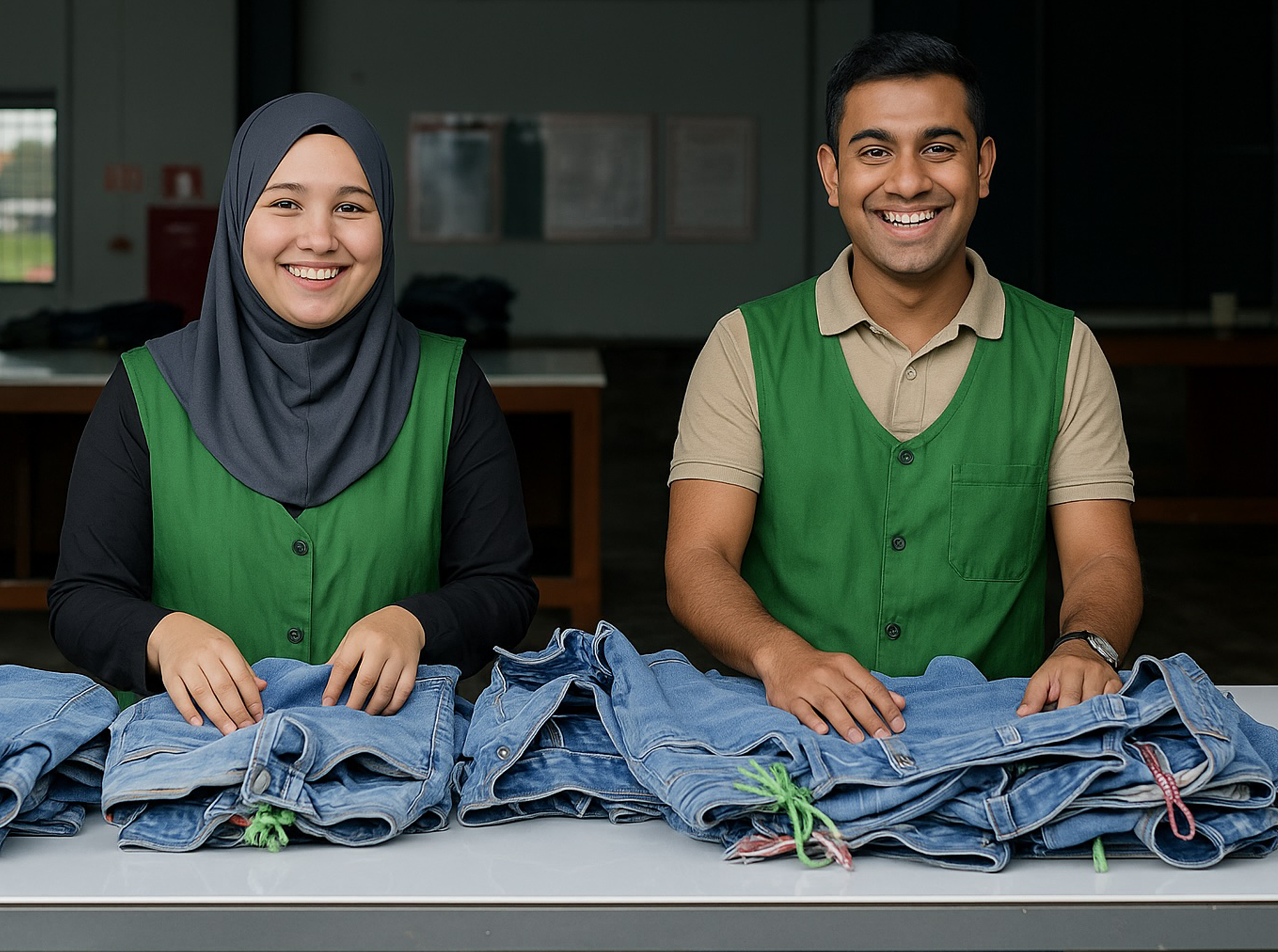 Two smiling volunteers, one woman wearing a hijab and one man, organizing piles of denim jeans on a table in a community service setting.