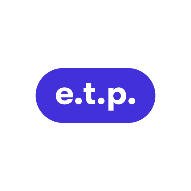 Logo with purple rounded rectangle and white lowercase letters 'e.t.p.' in the center.
