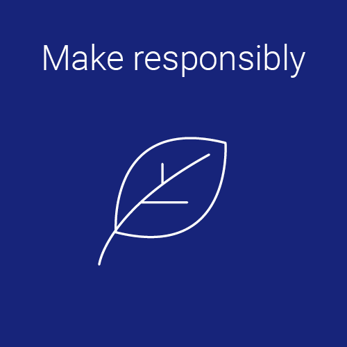 Blue background with white text stating "Make responsibly" and a simple white line drawing of a leaf.