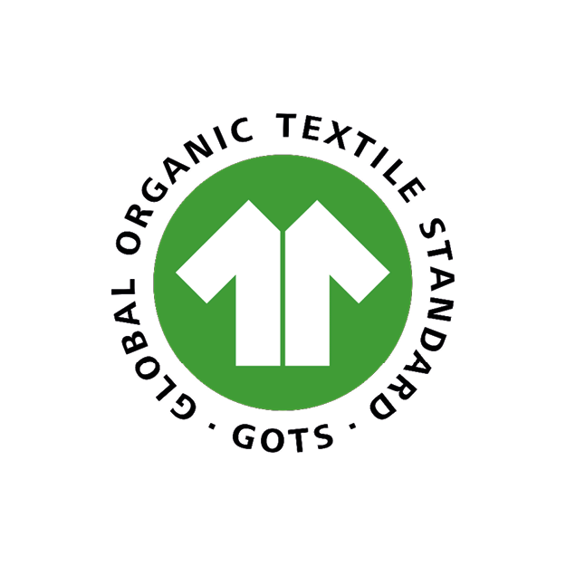 GOTS logo with a white arrow pointing up and a white arrow pointing down inside a green circle, surrounded by the text 'Global Organic Textile Standard - GOTS' in black.
