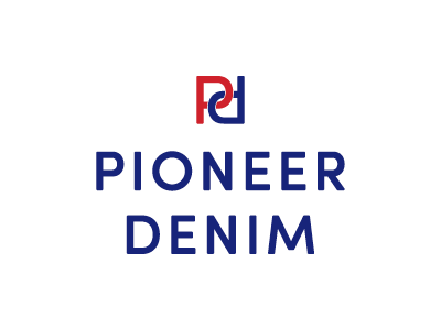 Pioneer Denim logo with a stylized icon above the company name in blue text.