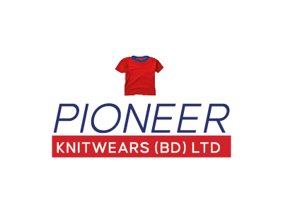Logo for Pioneer Knitwears BD Ltd featuring a red and blue T-shirt and the company name.