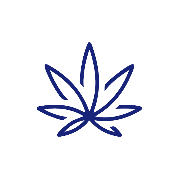 Stylized line drawing of a cannabis leaf in dark blue on a white background.
