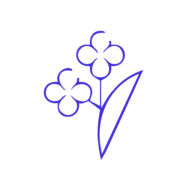 Line drawing of a flower with two blossoms, a stem, and a leaf in blue.