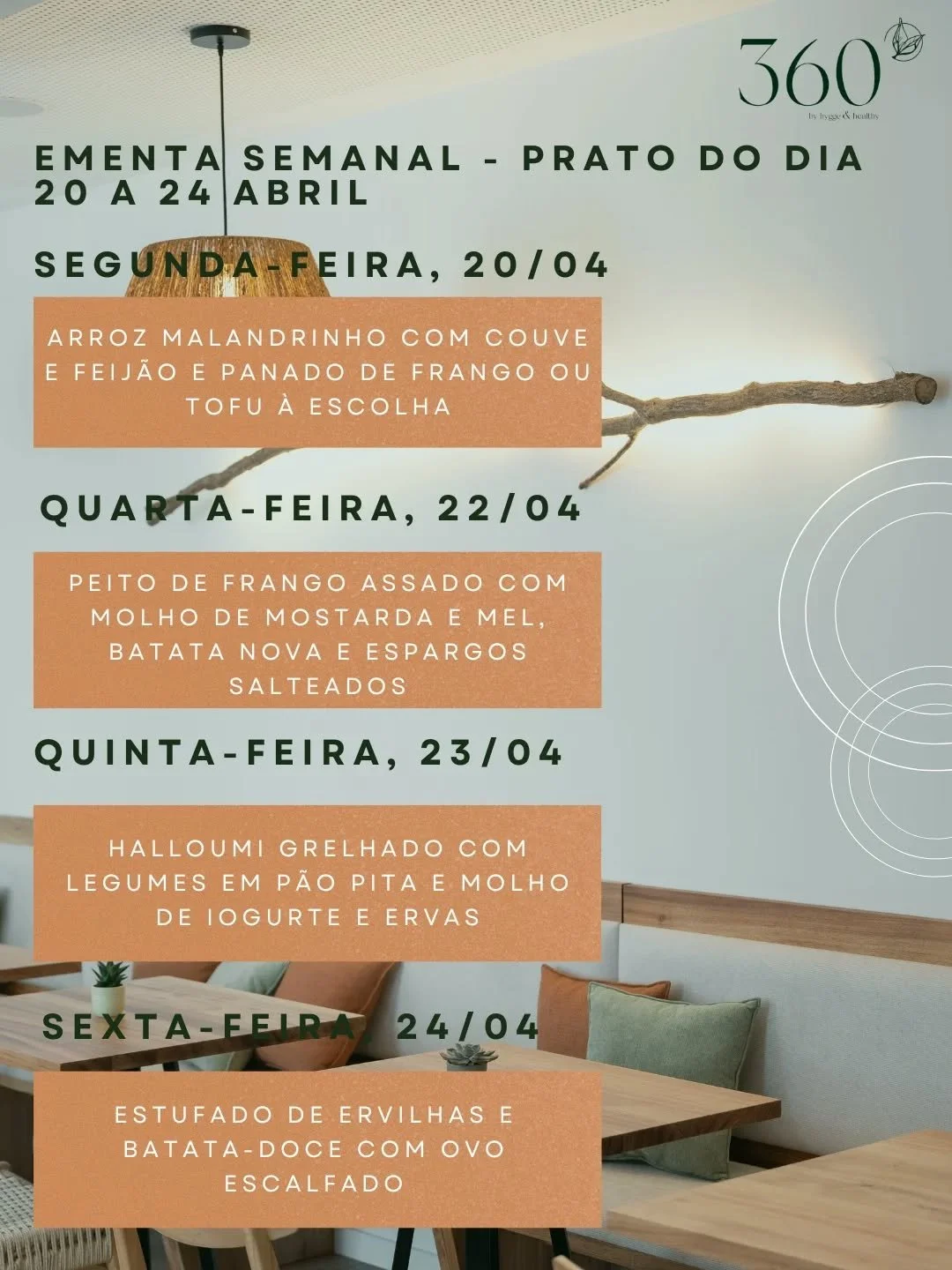 🌿 Descobre o nosso prato do dia, preparado com ingredientes frescos e sazonais. Uma ementa semanal variada, com op&ccedil;&otilde;es saud&aacute;veis, equilibradas e cheias de sabor &mdash; ideal para um almo&ccedil;o r&aacute;pido e nutritivo.