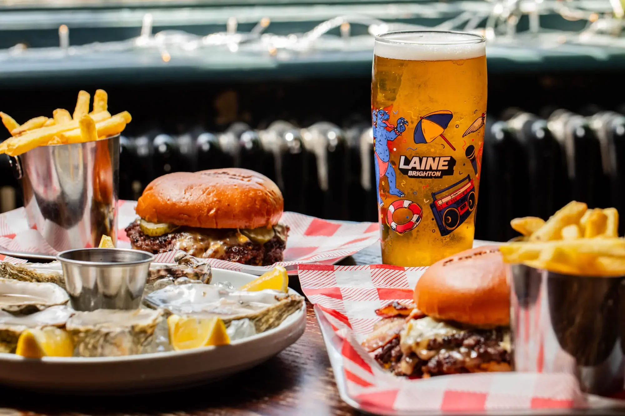 Boysterous burgers, oysters, fries and Laine beer served at The Fountain Head in Brighton