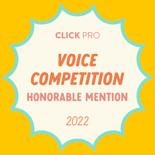 Award certificate with a yellow border, featuring text that reads 'CLICK PRO Voice Competition Honorable Mention 2022' in red and brown fonts.