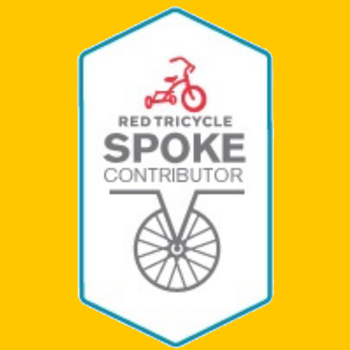 Badge with red bicycle icon, text 'Red Tricycle Spoke Contributor', and a bicycle wheel graphic, on a yellow background.