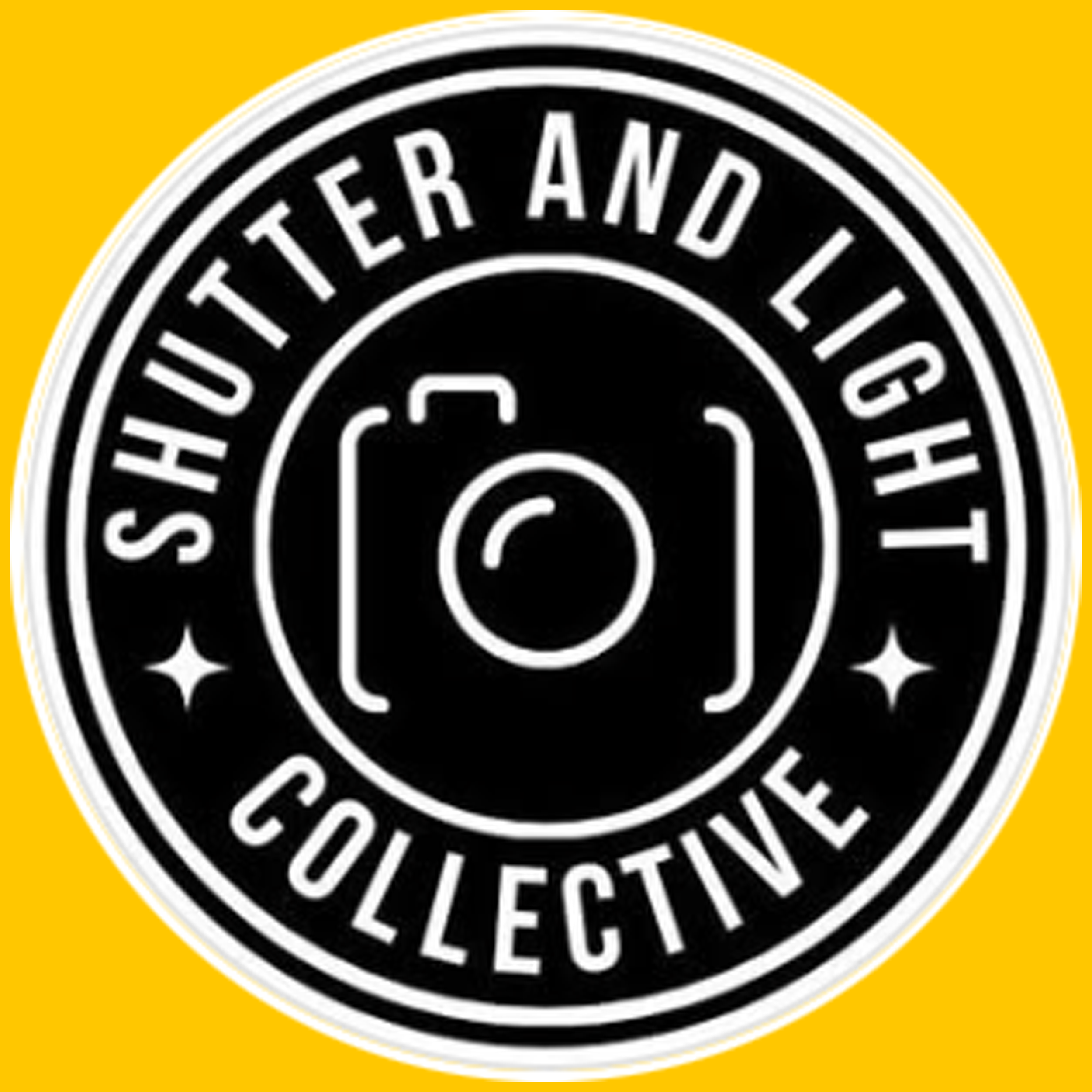 A circular badge with a black background and white text and graphics. It features a camera icon in the center and the words 'Shutter and Light Collective' around the perimeter.