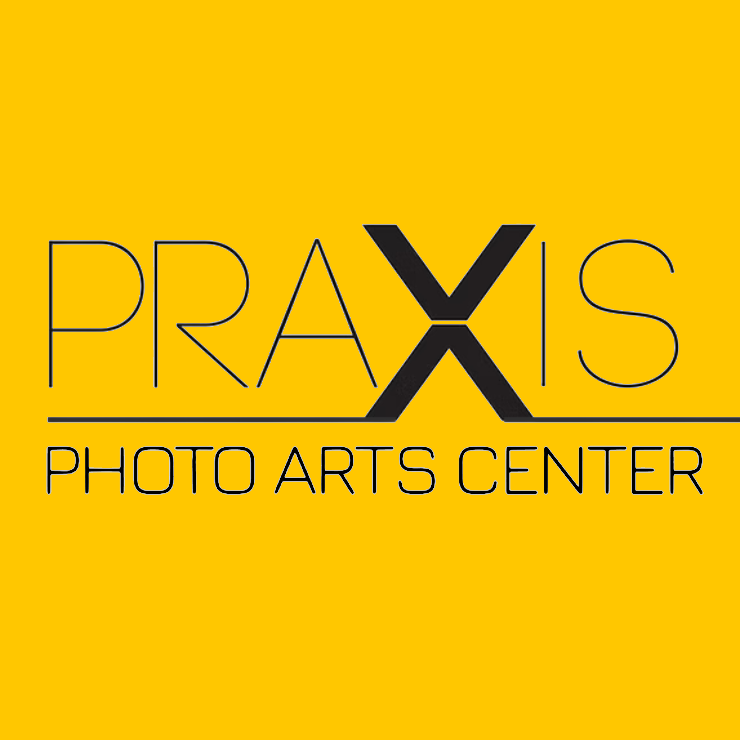 Logo for Praxus Photo Arts Center with yellow background, black text, and a stylized 'X' in the center.