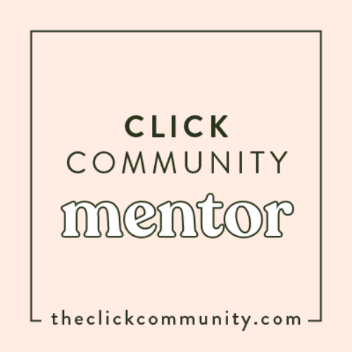 Text-based graphic with the words 'Click Community mentor' and the website 'theclickcommunity.com' on a light beige background.