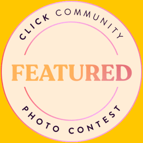 A round badge with a light pink background and a yellow border, displaying the text "Click Community Photo Contest" around the top and bottom edges, and the word "Featured" in large, orange and pink gradient letters in the center.
