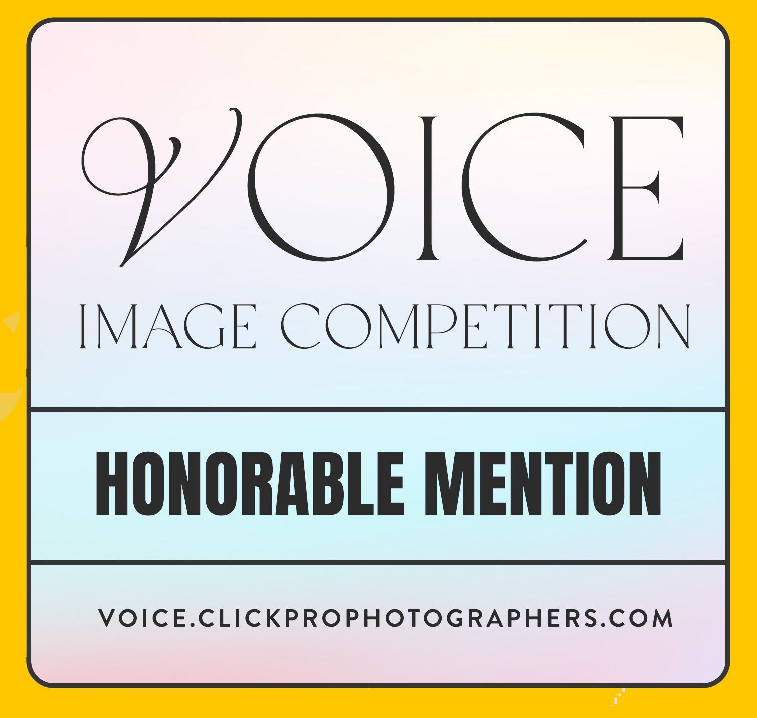 A digital certificate for the VOICE Image Competition indicating an Honorable Mention award, with a pastel gradient background, black text, and a yellow border.