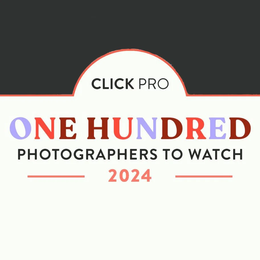 Promotion graphic for a list called "One Hundred Photographers to Watch in 2024" by Click Pro, featuring large colorful text on a white background with black and red accents.