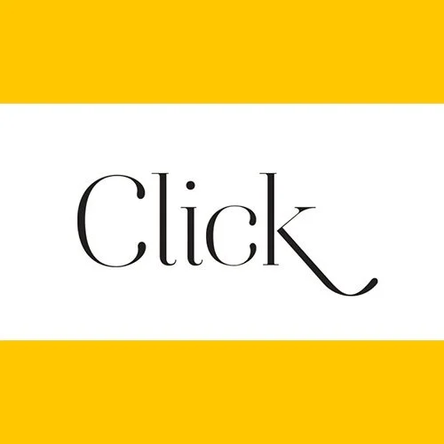 The image features the word 'Click' written in black elegant font on a white background, with yellow bars at the top and bottom.