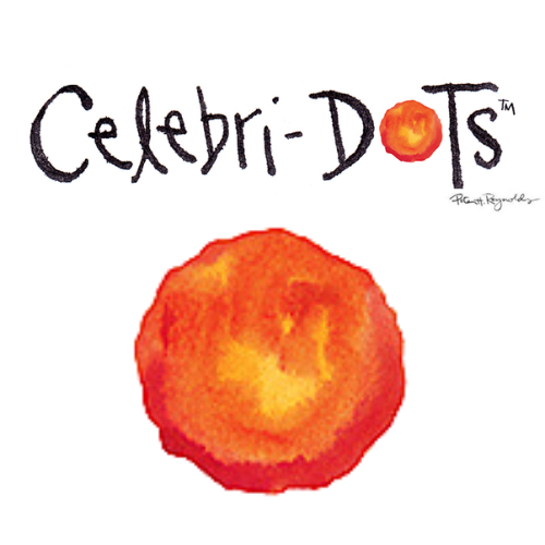 Illustration of the word "Celebi-DOTS" with the letter "O" replaced by an orange, fluffy sphere, and a larger orange sphere below the text.