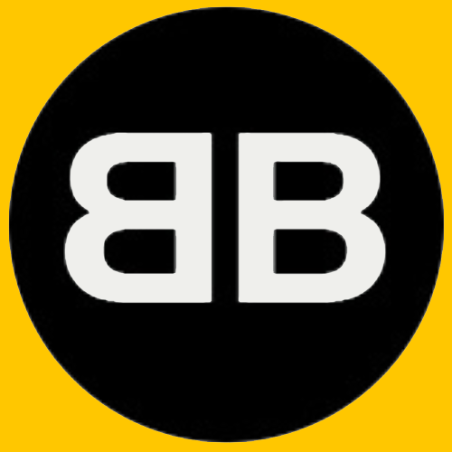 Black circular logo with white double 'B' letters inside, set against a yellow background.