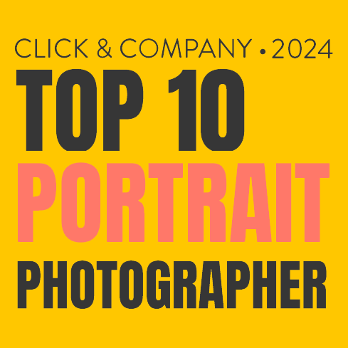 Yellow background with black and pink text reading "Click & Company 2024 Top 10 Portrait Photographer".