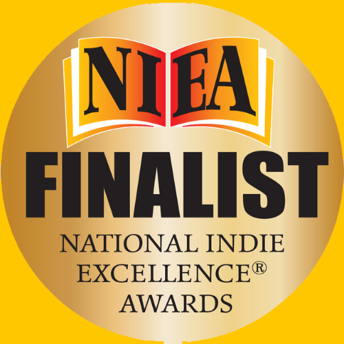 Badge with NEA logo and text reading 'Finalist, National Indie Excellence Awards' on a gold background.