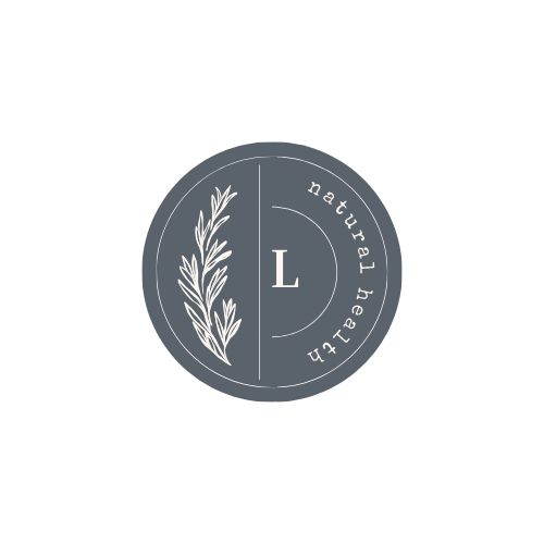 Circular logo with a stylized plant on the left and text "L" and "natural health" on the right, set against a dark background.