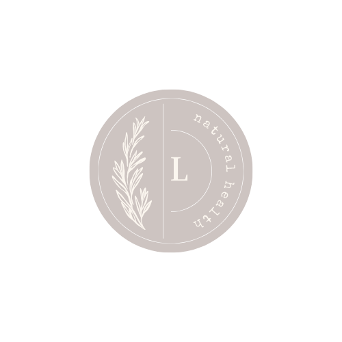 Circular logo with a stylized leaf graphic on the left, the letter 'L' in the center, and the words 'natural health' on the right in light, elegant font.