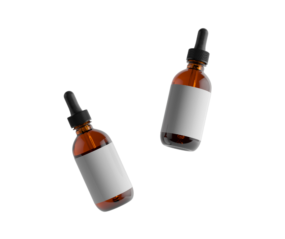 Two amber dropper bottles with blank labels on a white background.